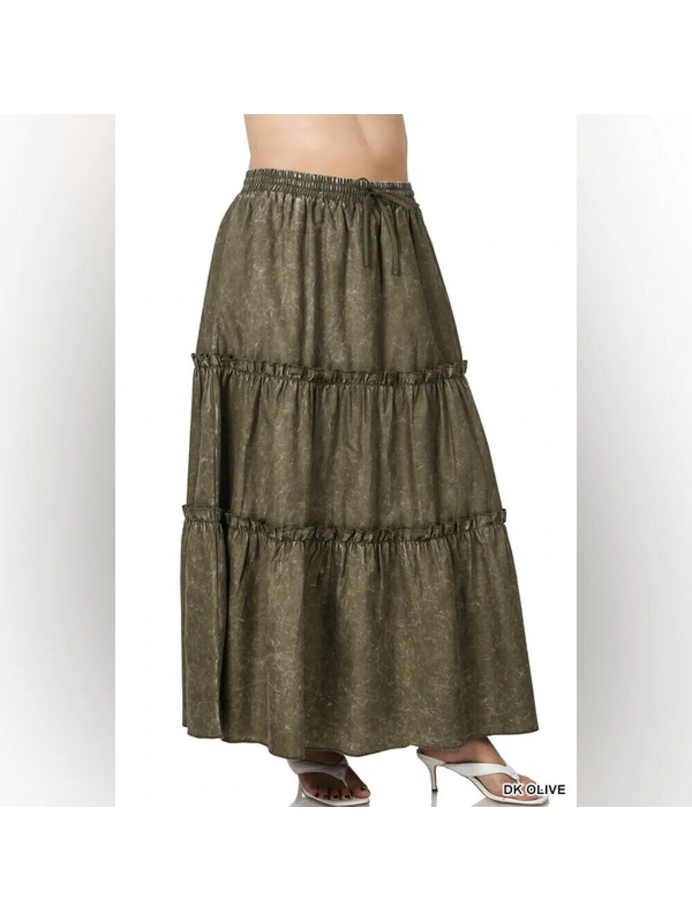 Zenana 2XL NWOT Green Acid Washed Elastic Waist Drawstring LongTiered Skirt Boho